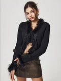 Tied Fuzzy Trim Long Sleeve Knit Cardigan - felvior