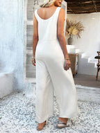 Devine Button Front Knotted Strap Wide Leg Jumpsuit