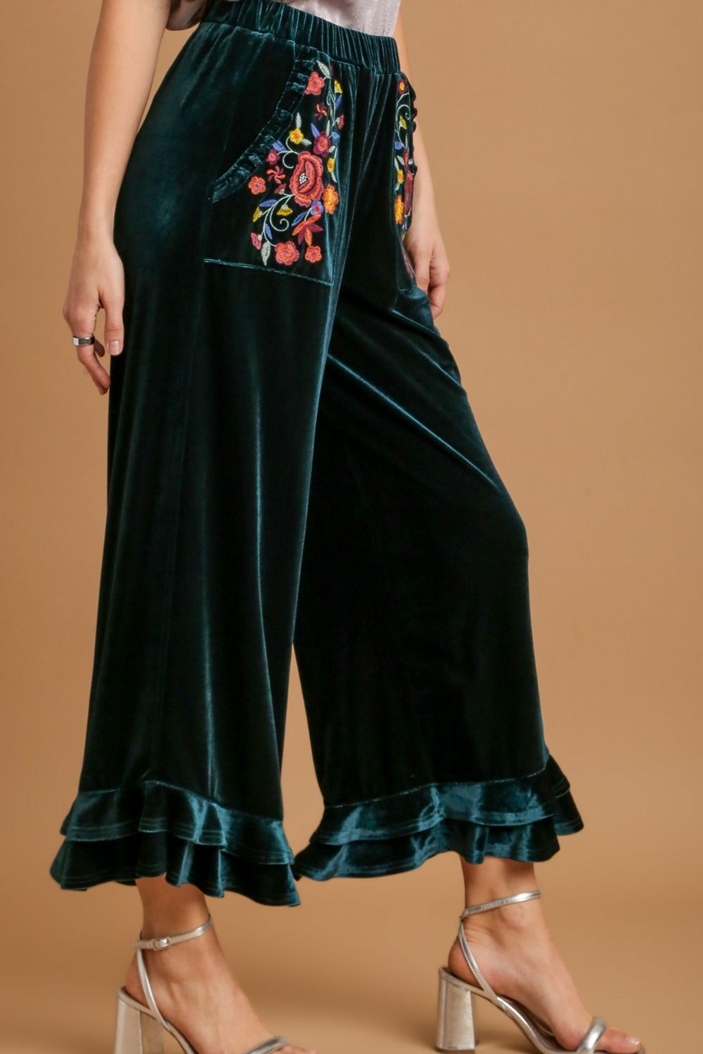 Umgee Full Size Wide Fit Ruffle Velvet Pants with Embroidered Pockets Plus Size - felvior