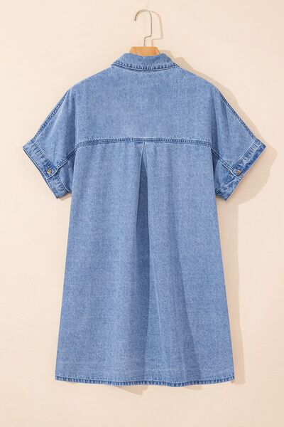 Button Down Short Sleeve Denim Dress - felvior