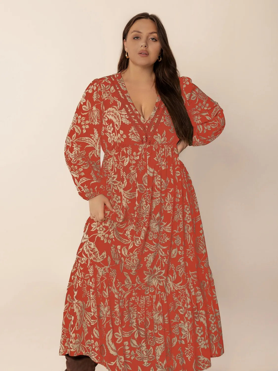 Plus Size Lace Detail Printed Balloon Sleeve Midi Dress