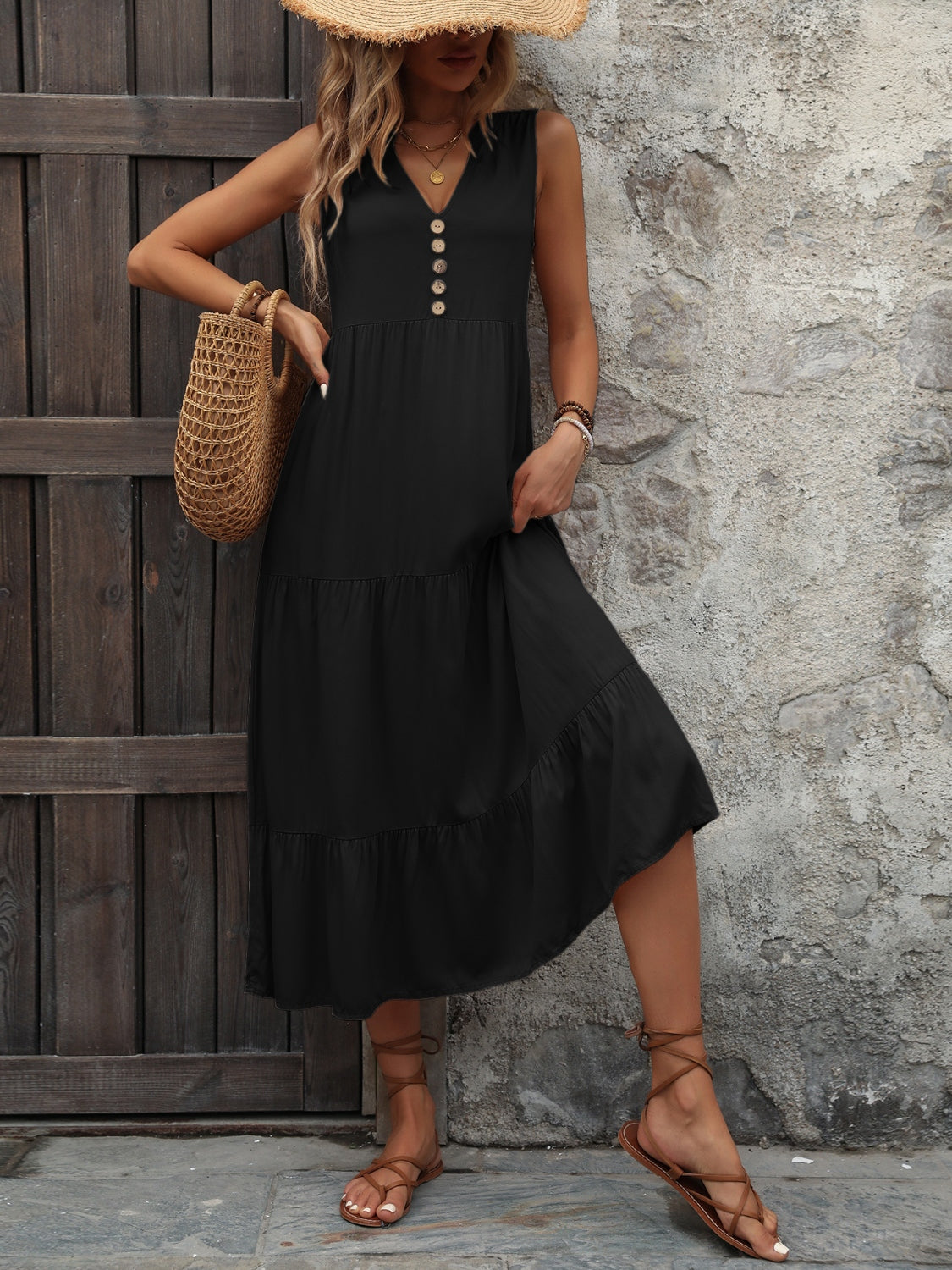 Ivy Lane Decorative Button Notched Sleeveless Dress - felvior