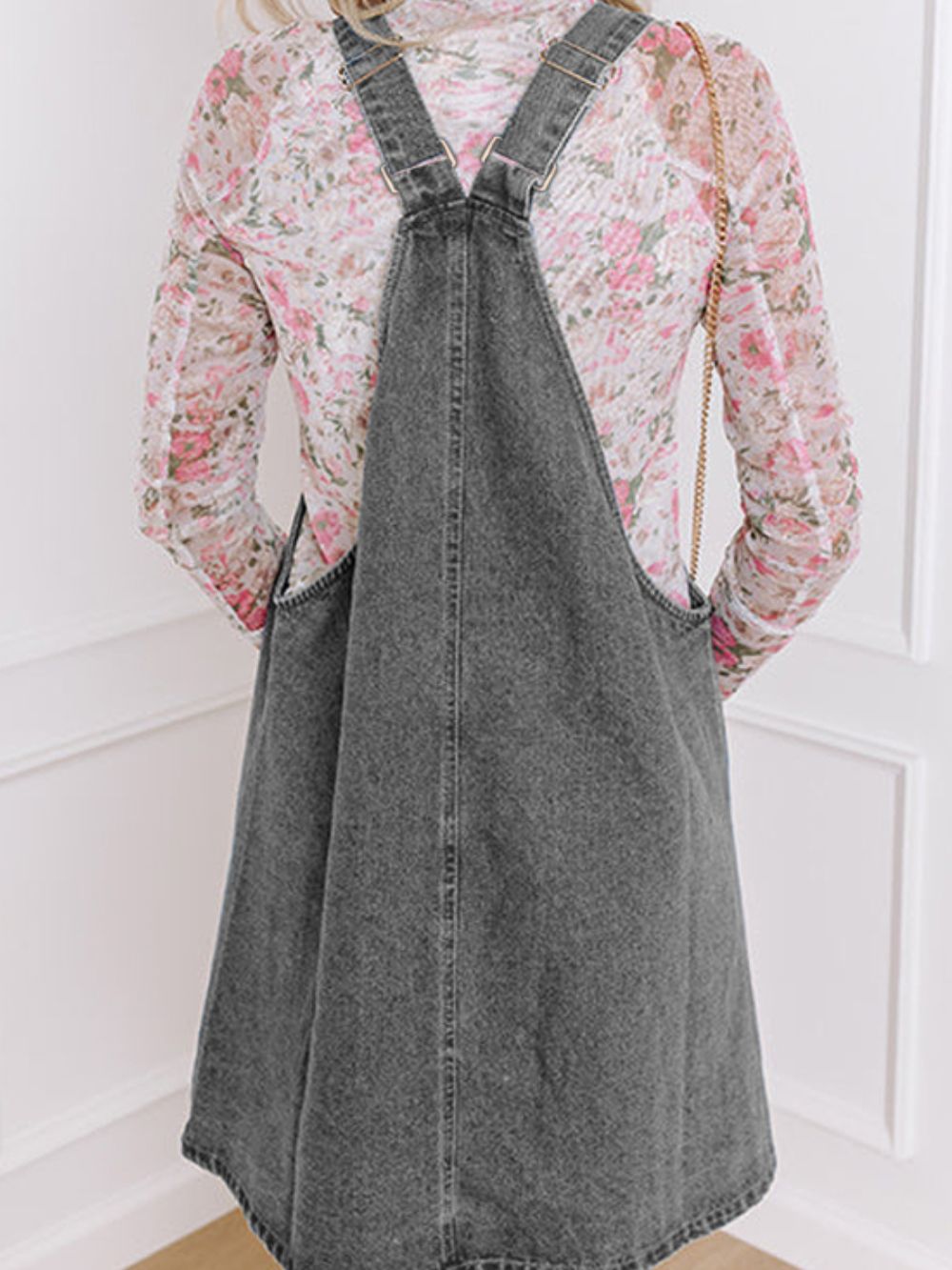 Wide Strap Button Down Denim Overall Dress - felvior