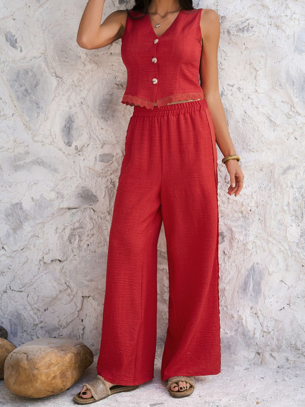 Devine Button Down Lace Detail Vest and Pants Set