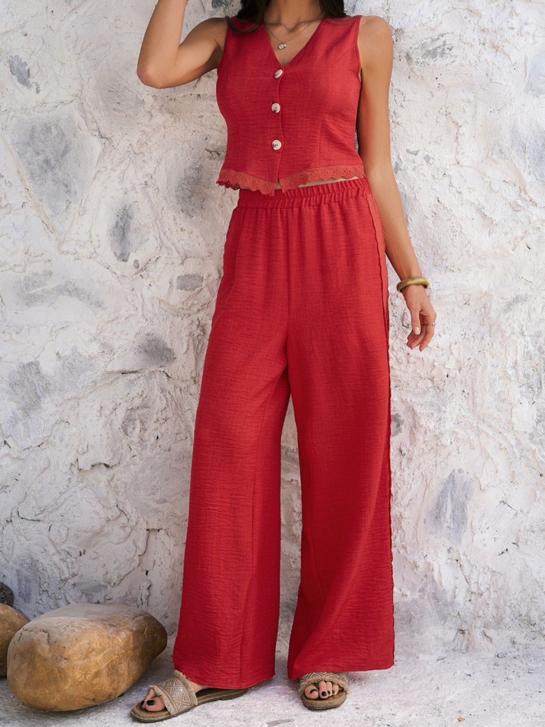 Devine Button Down Lace Detail Vest and Pants Set