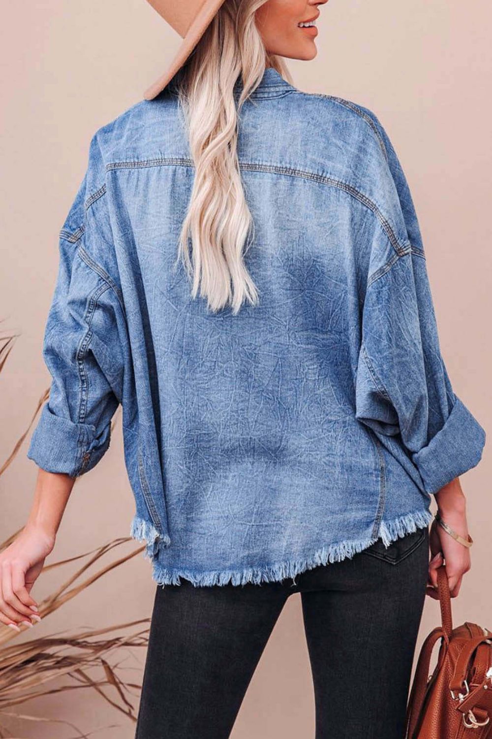 Collared Neck Raw Hem Long Sleeve Denim Shirt - felvior