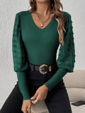 Swiss Dot V-Neck Long Sleeve Top - felvior