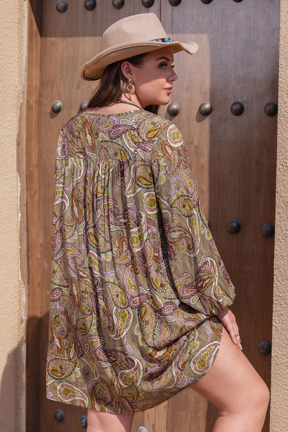 Plus Size Printed V-Neck Long Sleeve Midi Dress - felvior