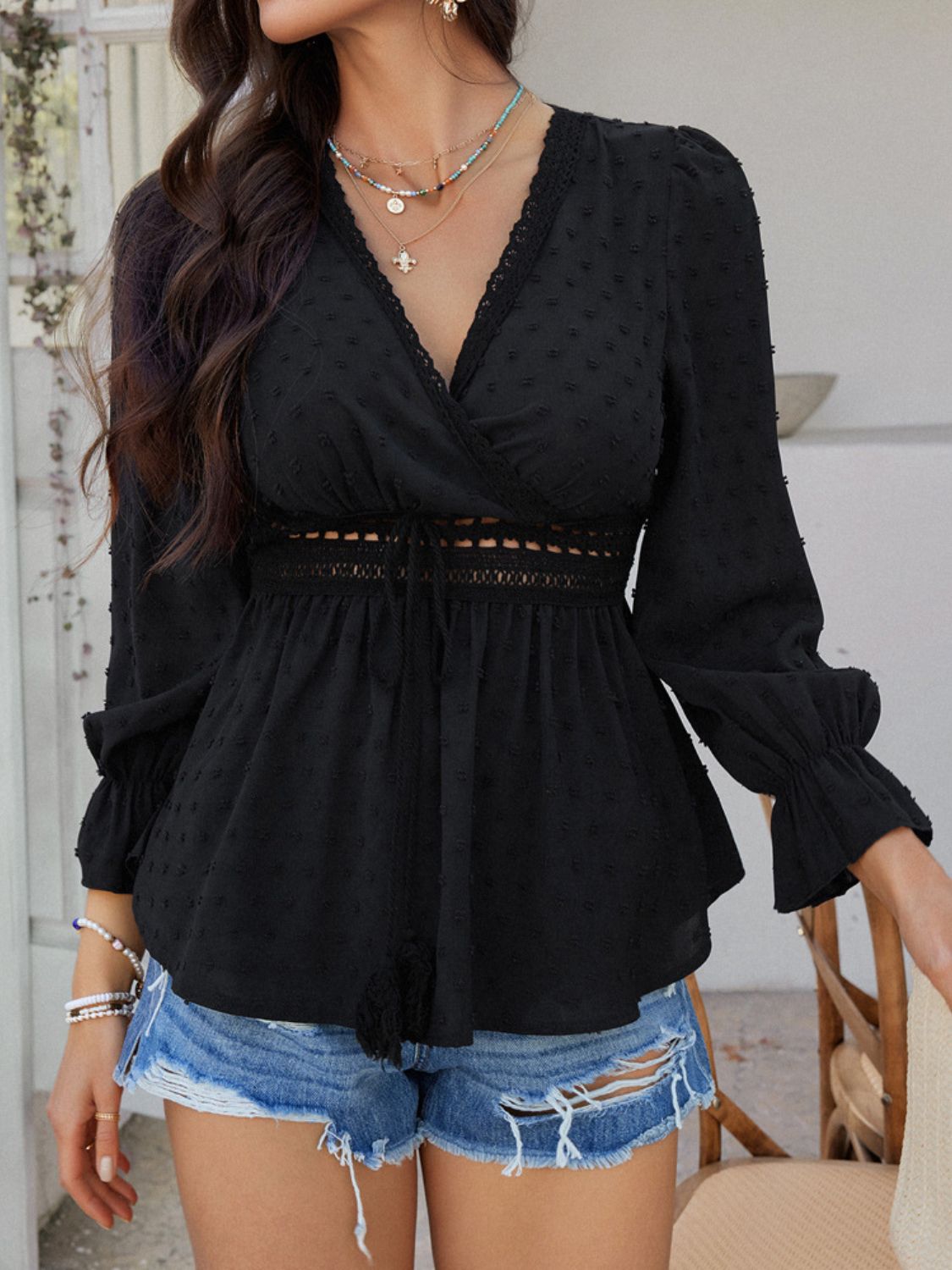 Devine Swiss Dot Lace Detail Surplice Flounce Sleeve Blouse - felvior
