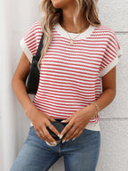 Striped Round Neck Short Sleeve Knit Top