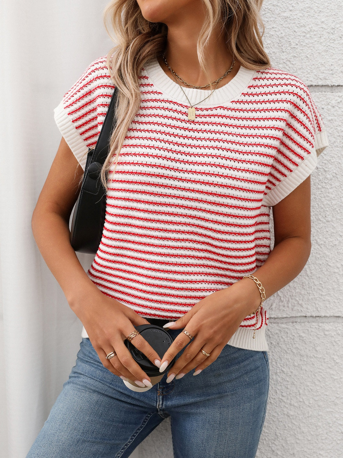 Striped Round Neck Short Sleeve Knit Top - felvior