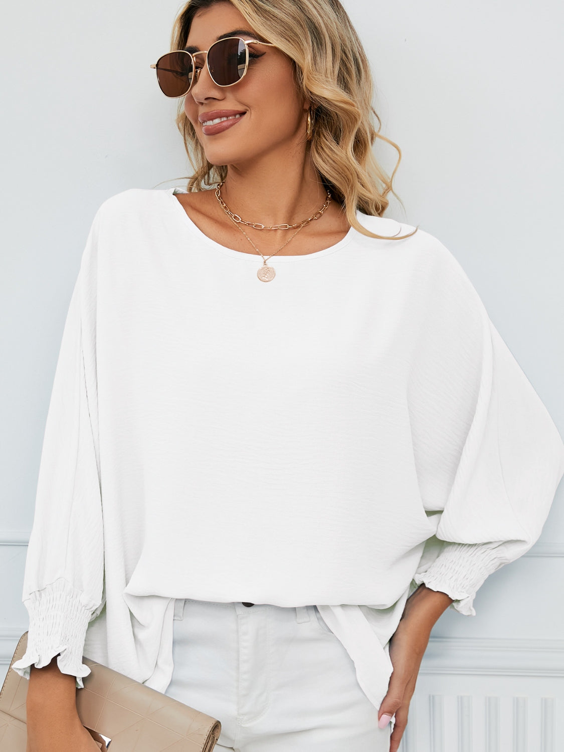 Smocked Lantern Sleeve Round Neck Blouse - felvior