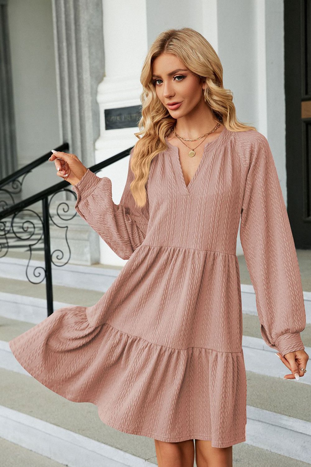 Notched Neck Long Sleeve Mini Dress - felvior