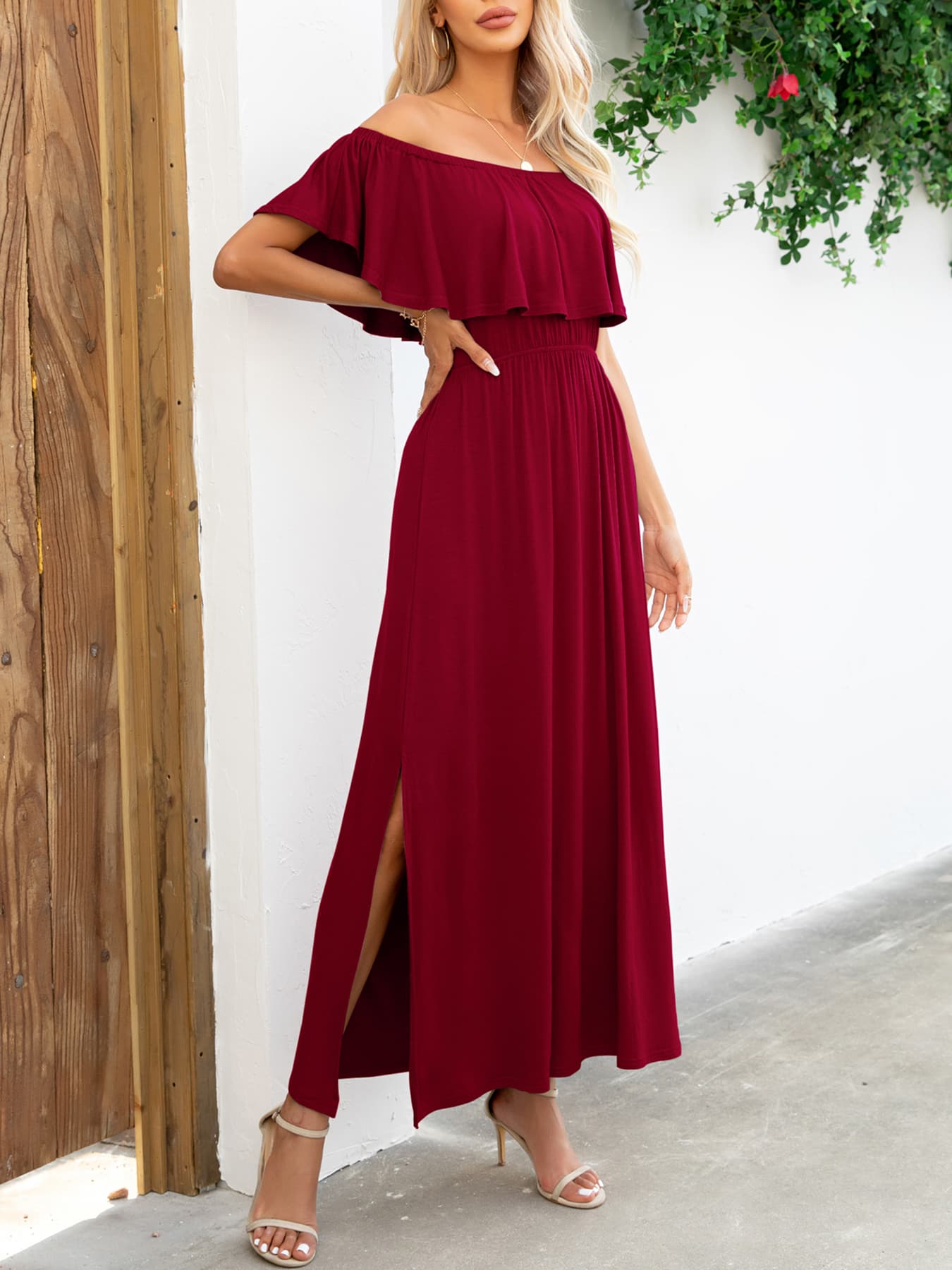 Off-Shoulder Slit Maxi Dress - felvior