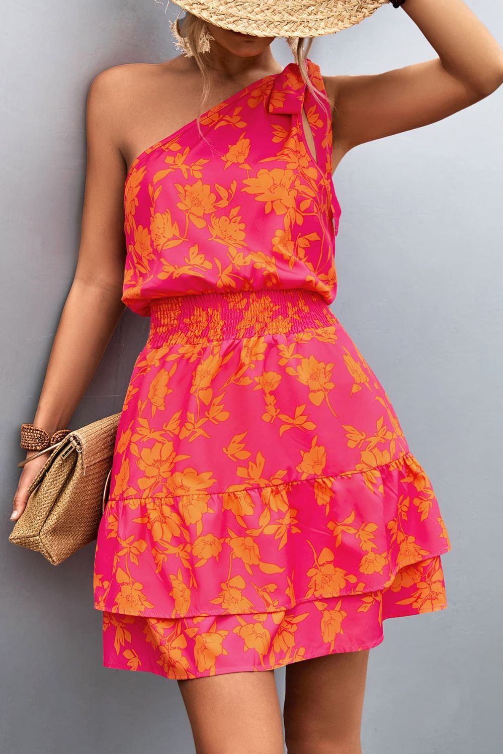 Tied Smocked Printed Single Shoulder Dress - felvior
