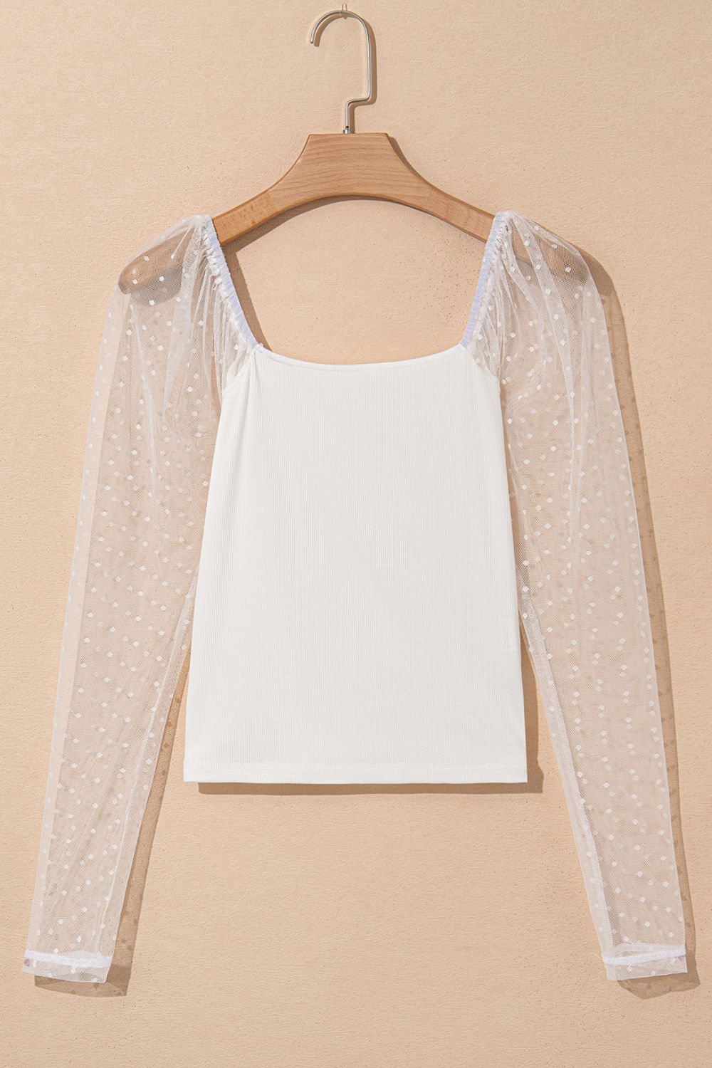 Swiss Dot Mesh Long Sleeve Square Neck Slim Top - felvior