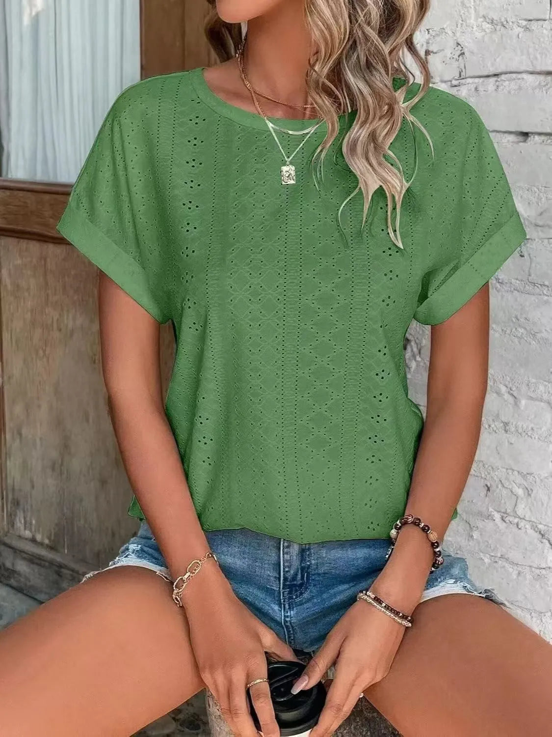 Eyelet Round Neck Short Sleeve Top