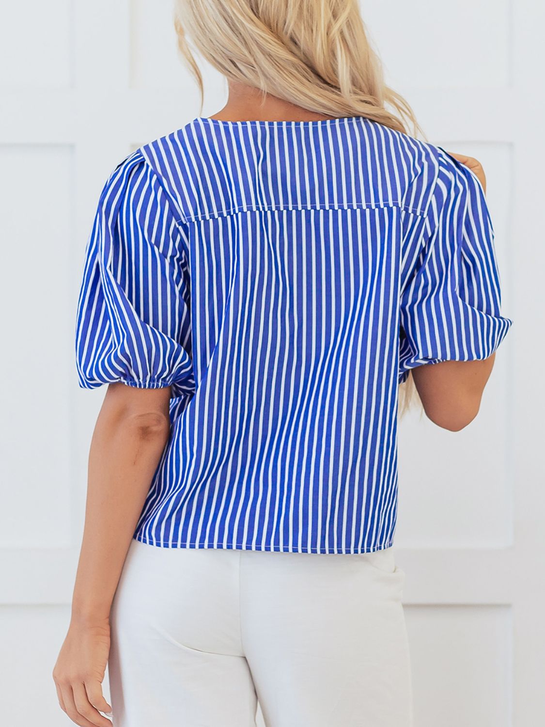Stripe Tied Front Puff Short Sleeve Top - felvior
