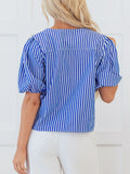Stripe Tied Front Puff Short Sleeve Top - felvior