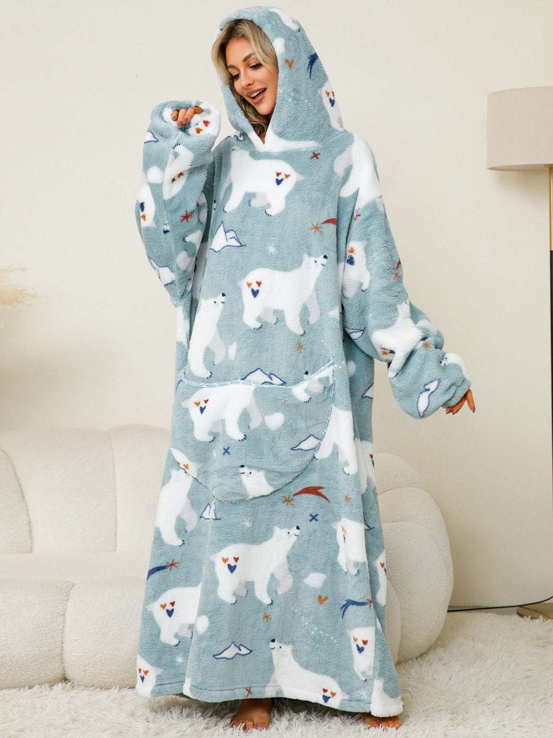 Fuzzy Pocketed Long Sleeve Hooded Lounge Dress - felvior