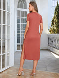 Round Neck Short Sleeve Slit Dress - felvior