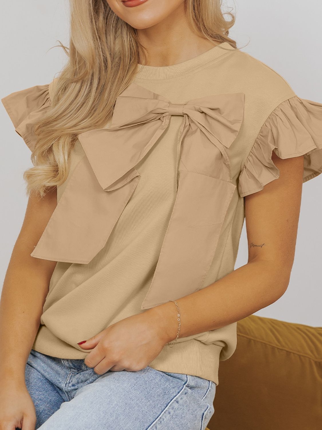 Bow Ruffled Round Neck Cap Sleeve Blouse