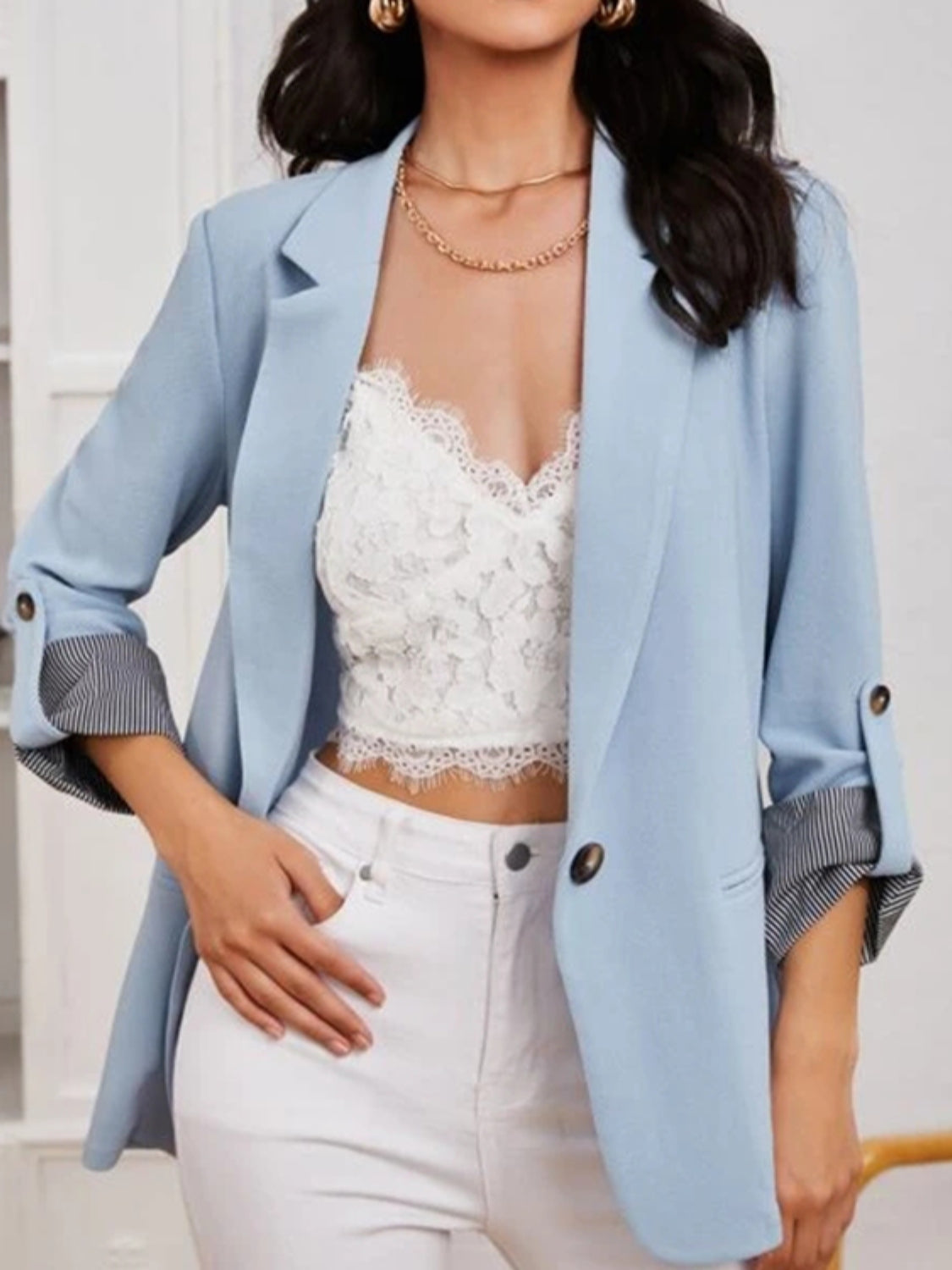 Lapel Collar Roll-Tab Sleeve Blazer - felvior