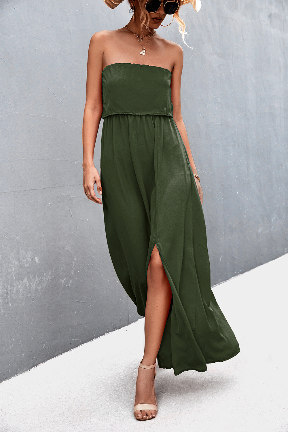 Strapless Split Maxi Dress - felvior
