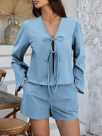Devine Double Tied V-Neck Top and Shorts Set