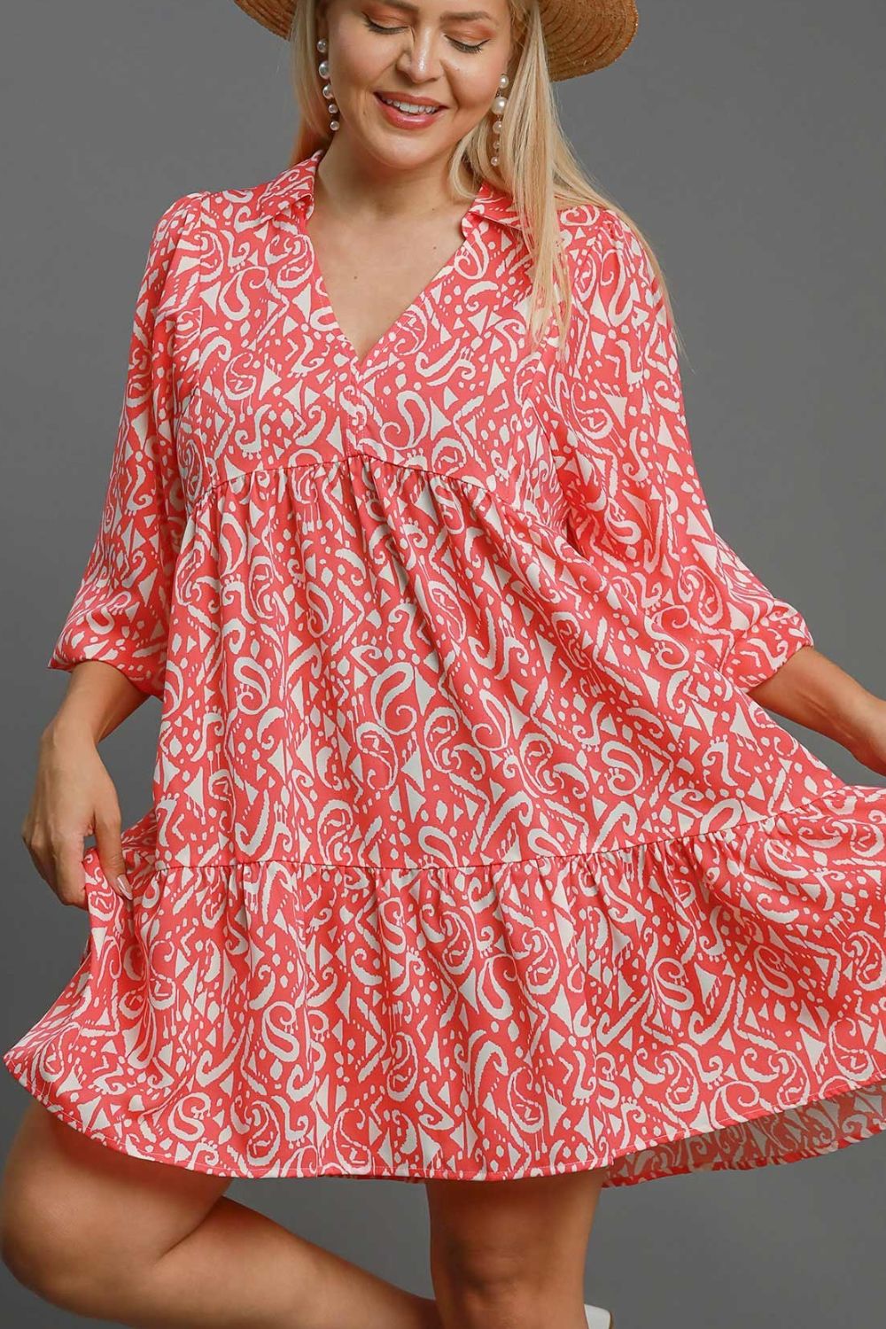 Umgee Full Size Two Tone Print Balloon Sleeve Tiered Dress Plus Size - felvior