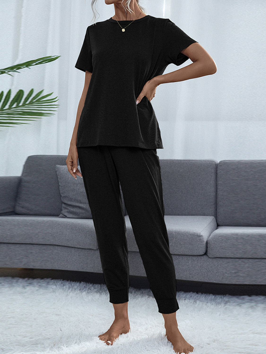 Shiny Round Neck Short Sleeve Top and Pants Set - felvior