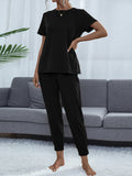 Shiny Round Neck Short Sleeve Top and Pants Set - felvior