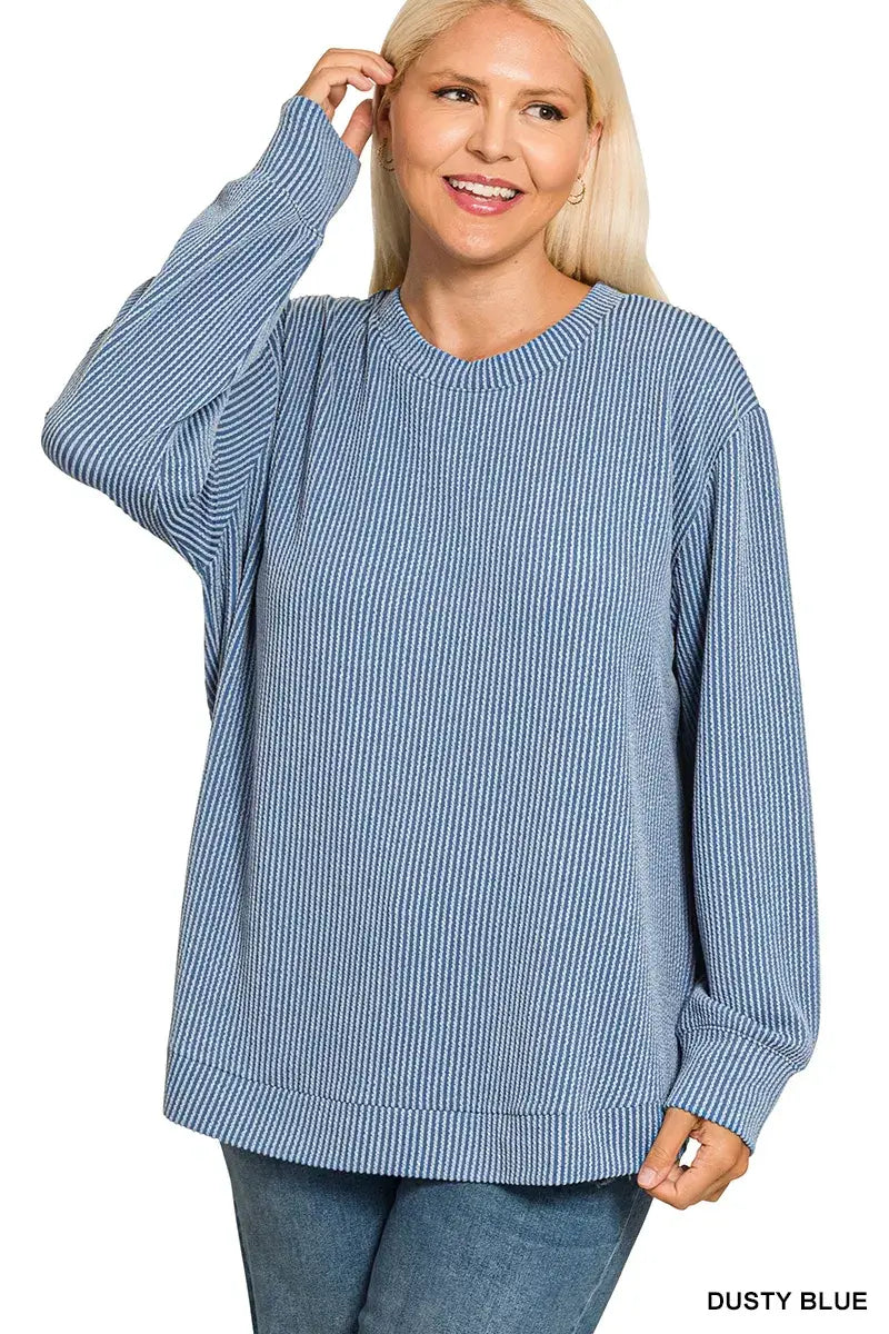 Zenana Full Size Raised Rib Round Neck Long Sleeve Top Plus Size