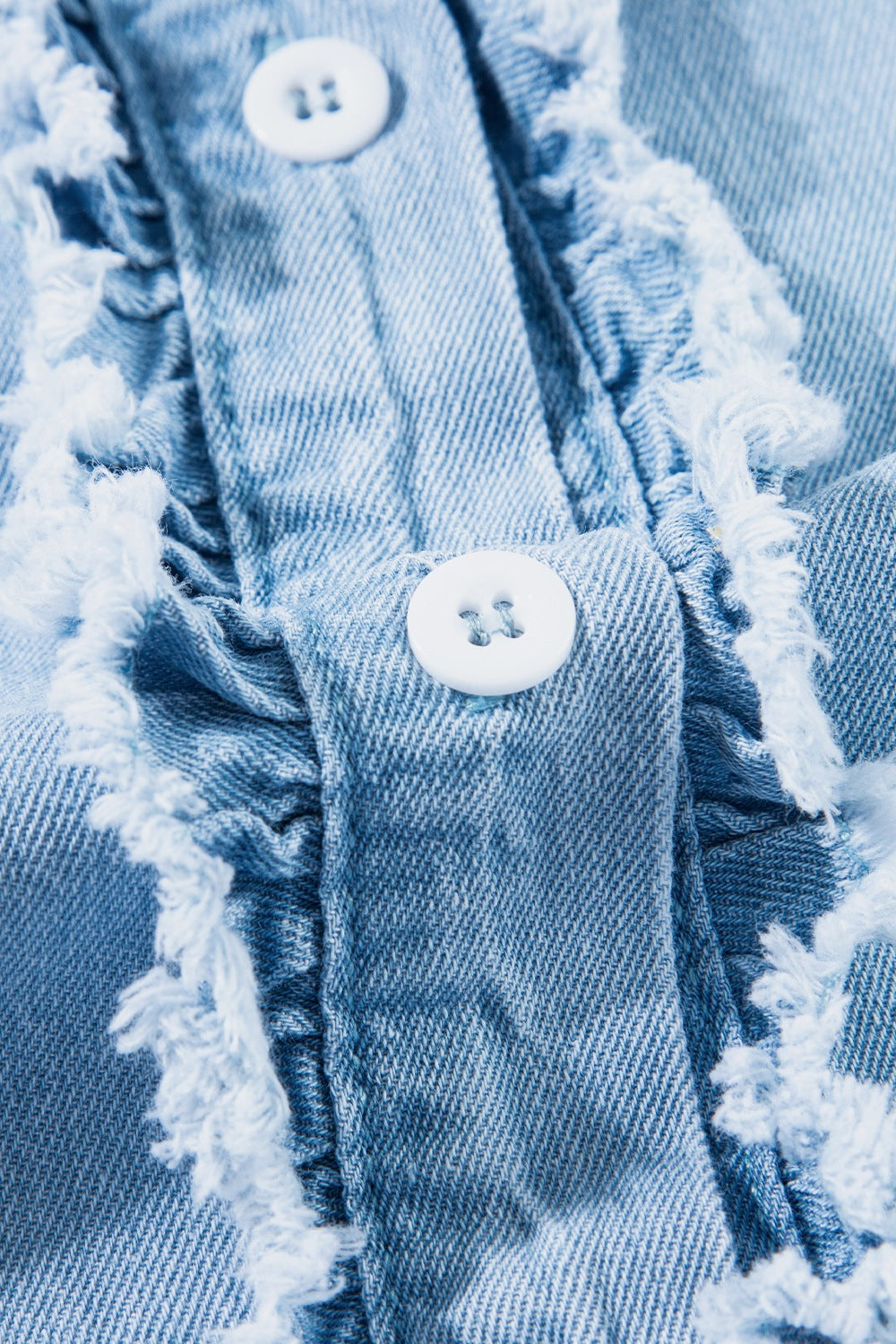 Button Down Raw Hem Ruffled Denim Shirt - felvior