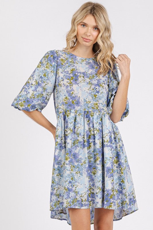 Mittoshop Flower Print Linen Blend Babydoll Mini Dress - felvior