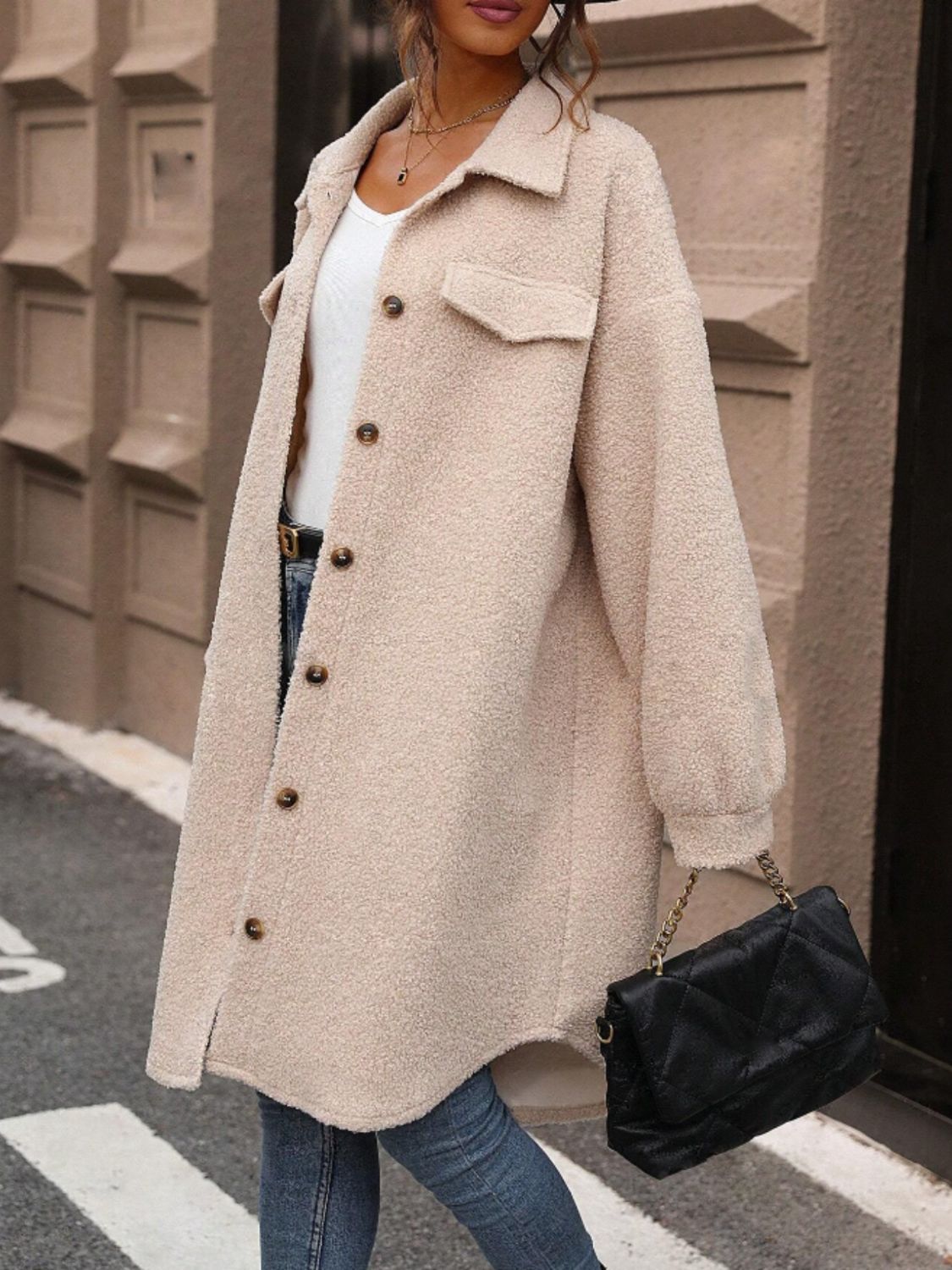Button Up Drop Shoulder Sherpa Coat - felvior