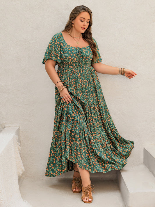 Plus Size Printed Short Sleeve Tiered Maxi Dress - felvior