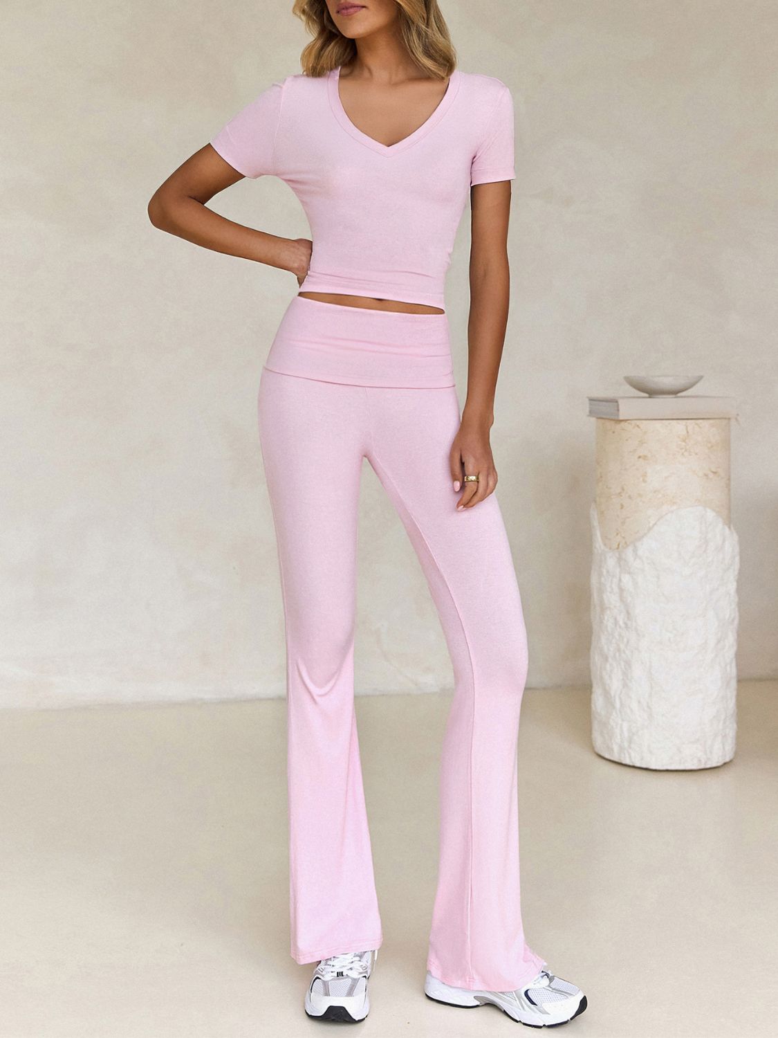 Devine V-Neck Top and Bootcut Leggings Set - felvior