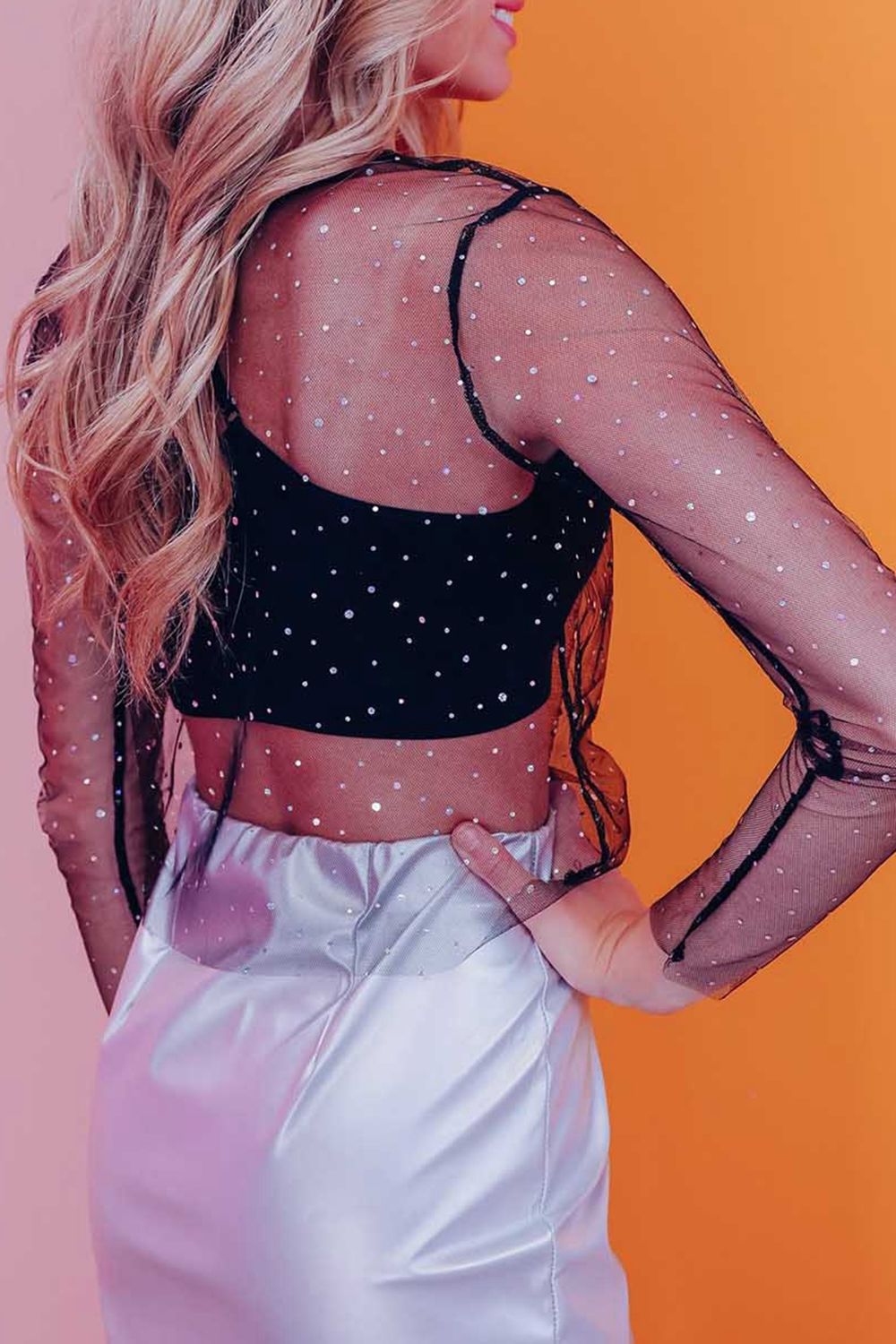 Rhinestone Mesh Round Neck Long Sleeve Blouse Secondary image