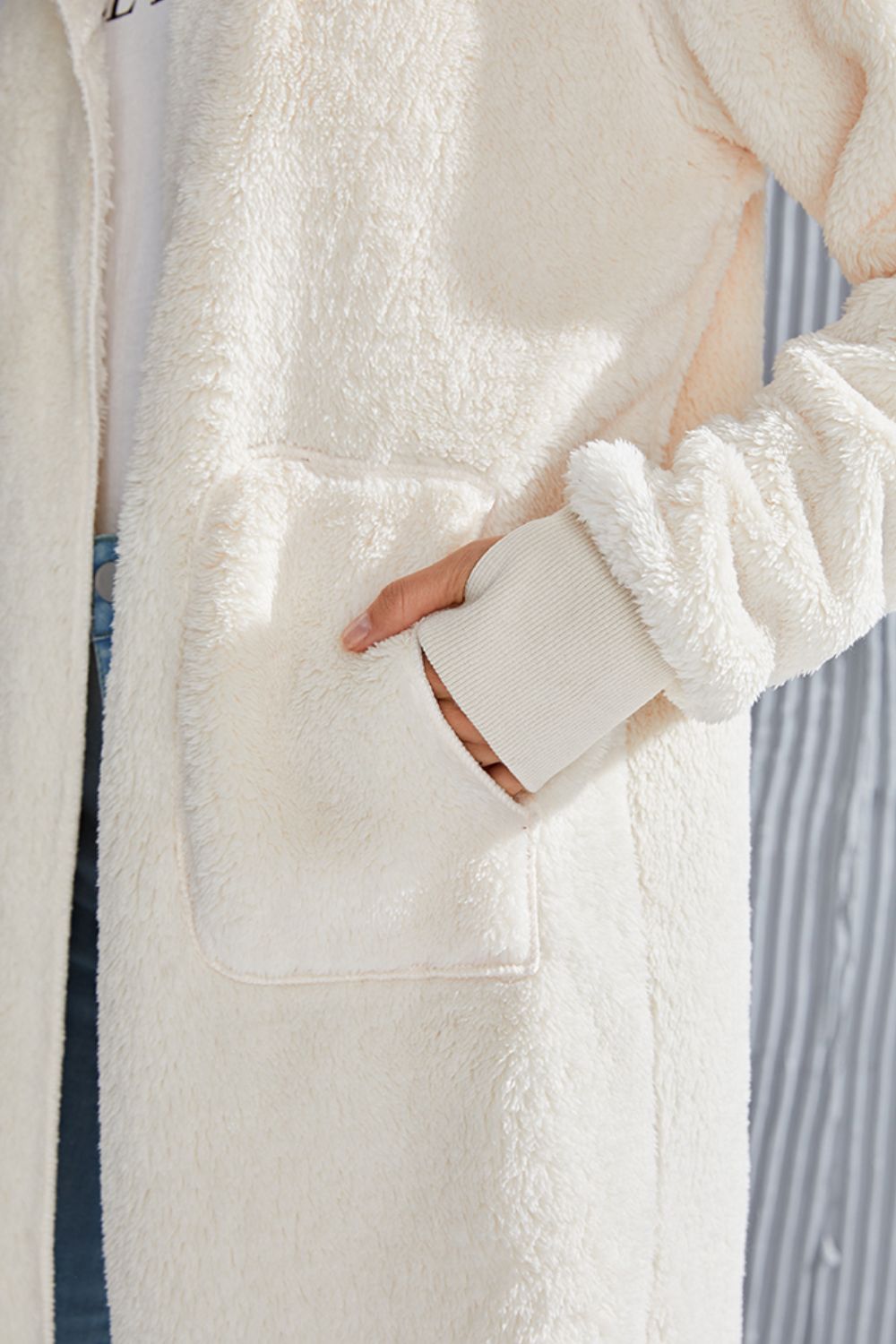 Double Take Full Size Hooded Teddy Bear Jacket with Thumbholes - felvior