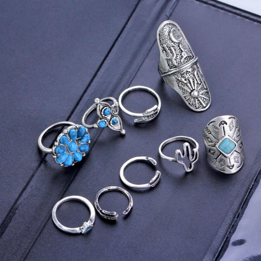 Alloy Turquoise 9-Piece Ring Set - felvior