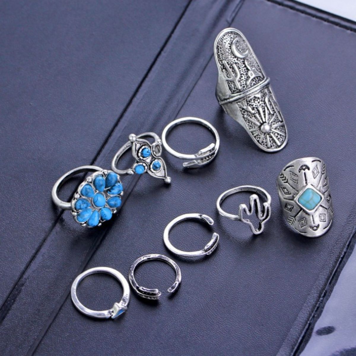 Alloy Turquoise 9-Piece Ring Set - felvior