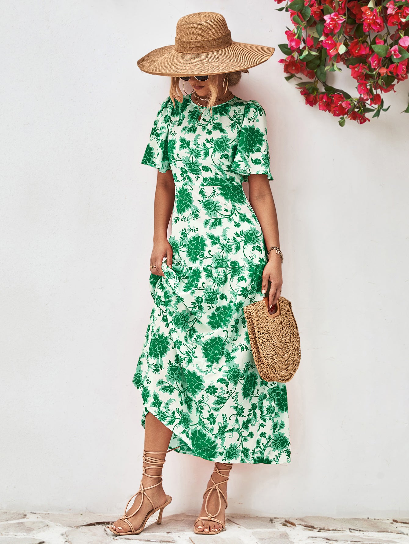 Floral Round Neck Tied Open Back Dress - felvior