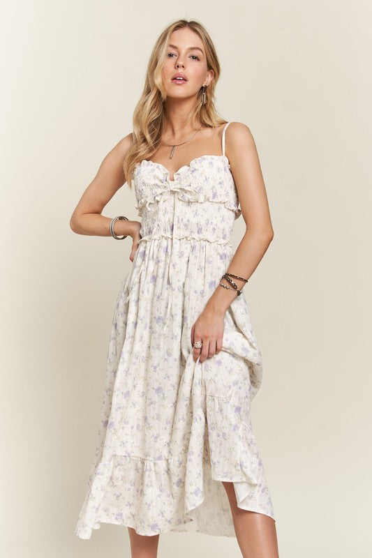 ADORA Smocked Floral Sweetheart Neck Cami Dress - felvior