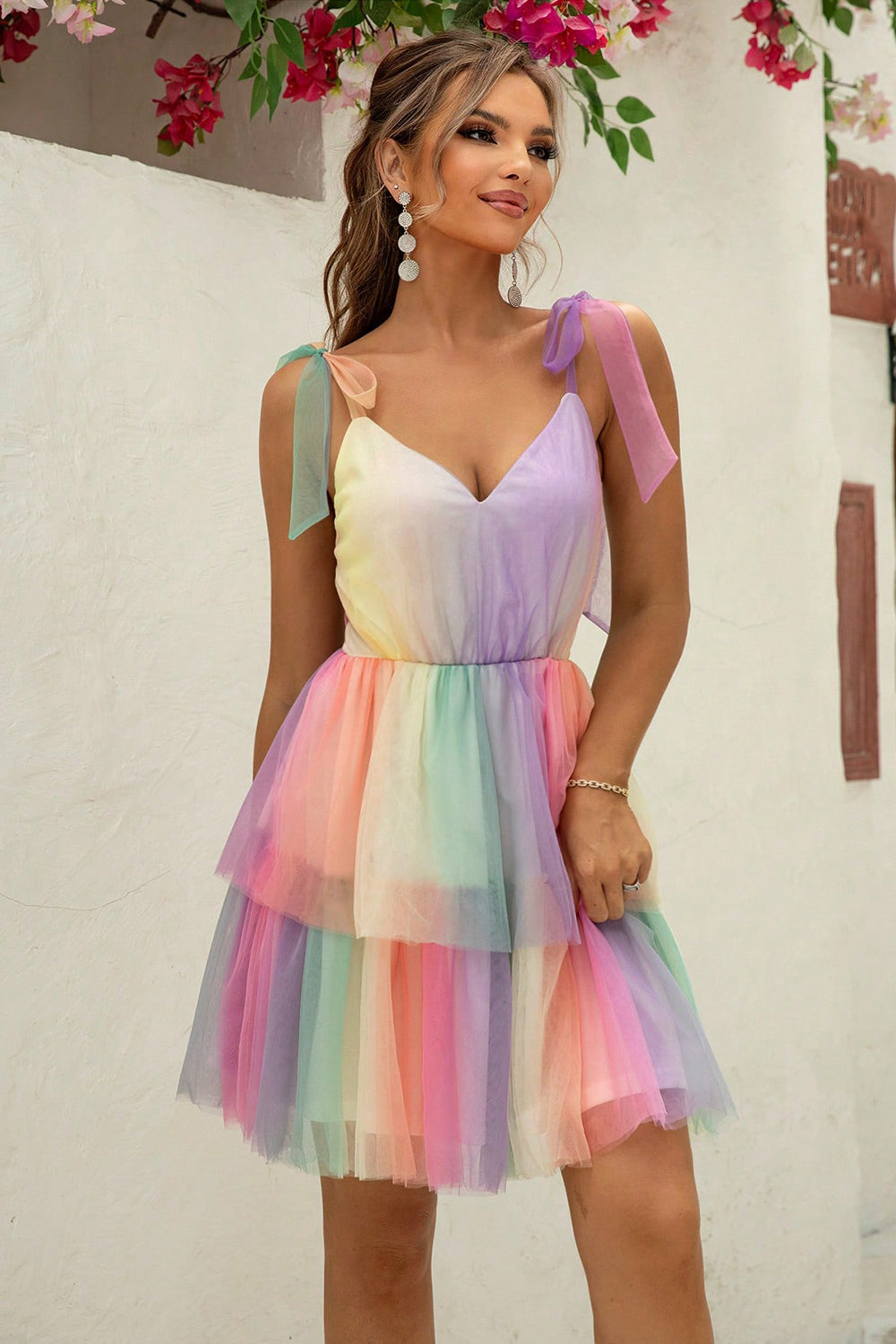 Gradient Tie-Shoulder Layered Dress - felvior