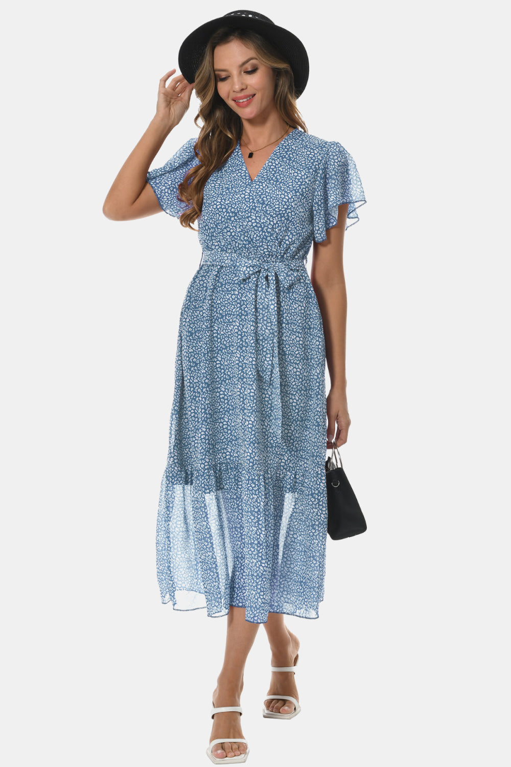 Surplice Neck Flutter Sleeve Tied Dress - felvior