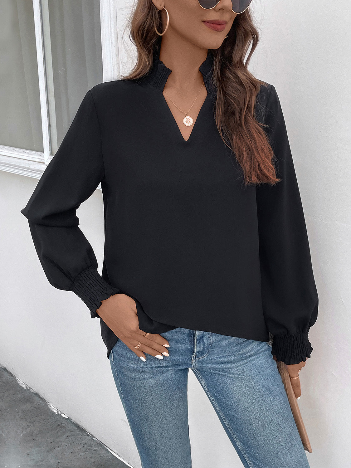 Perfee Smocked Notched Long Sleeve Blouse - felvior