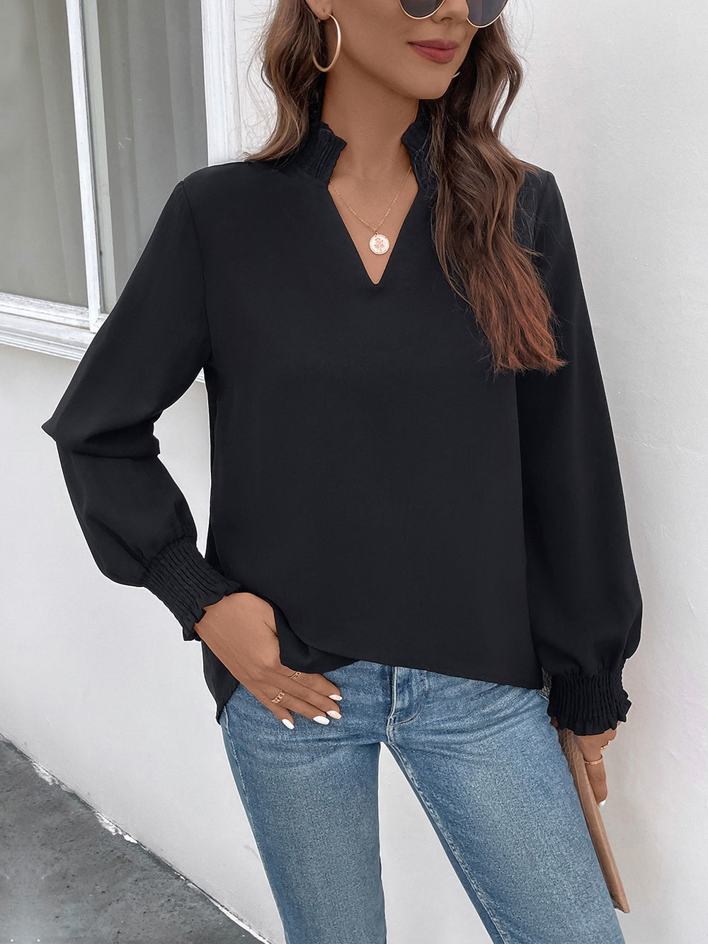 Perfee Smocked Notched Long Sleeve Blouse - felvior