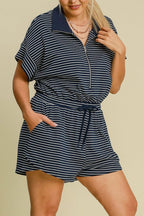 Umgee Full Size Half Zip Striped Romper Plus Size