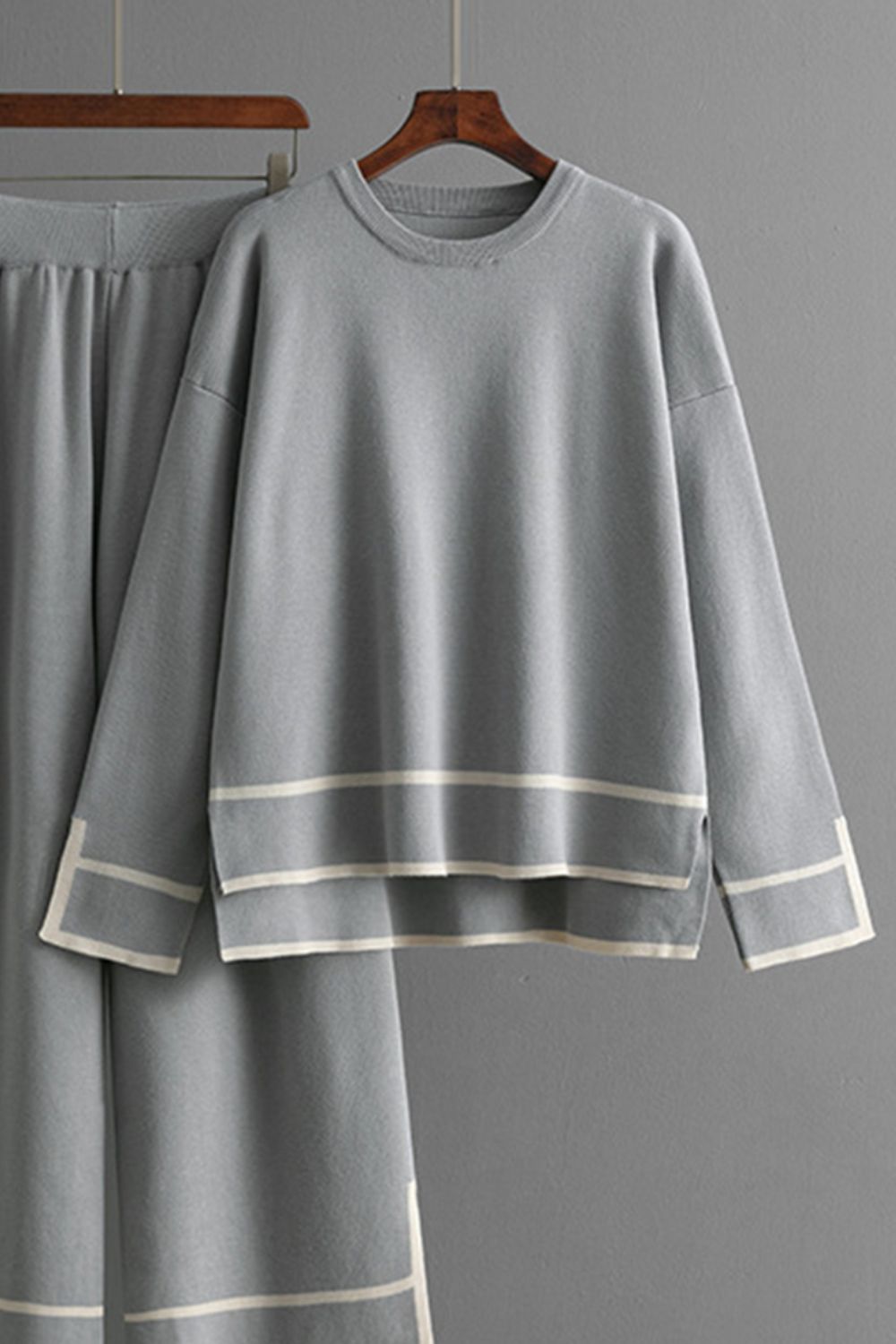 High-Low Round Neck Top and Pants Sweater Set - felvior